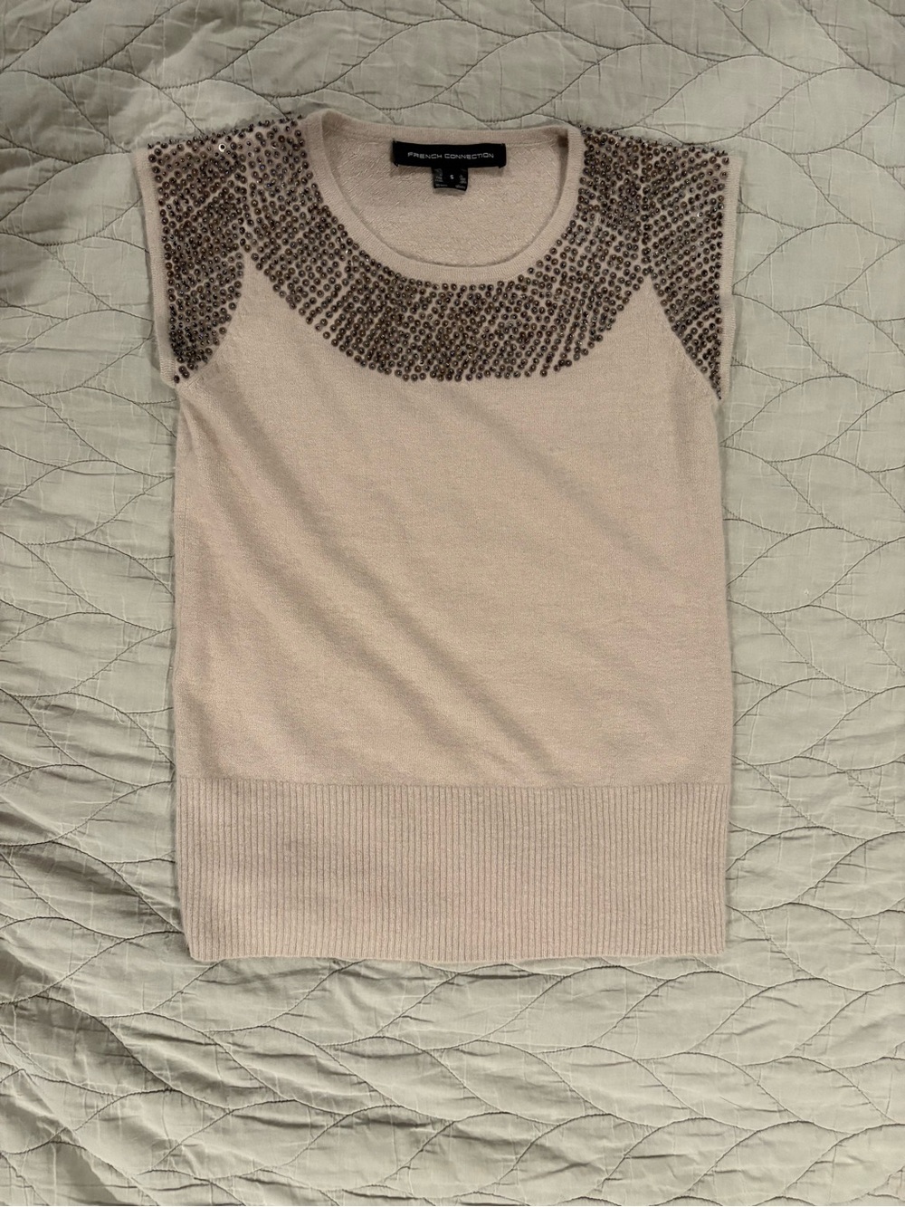 French Connection Light Gray Embellished Cap-Sleeve Angora Tank